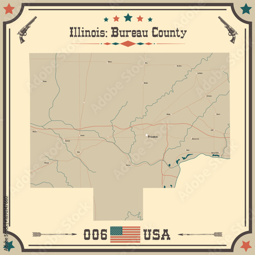 Large and accurate map of Bureau County, Illinois, USA with vintage colors.