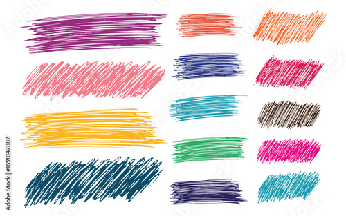 Collection colorful bold curved lines with loops isolated on white. Hand drawn bold grunge wavy and swirled brush strokes. Simple childish vector scribbles and squiggles. Creative trendy style design