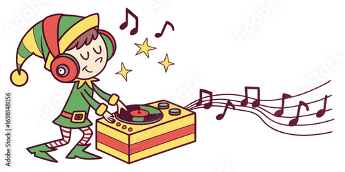 An elf wearing headphones is playing music on a turntable with stars and musical notes around him