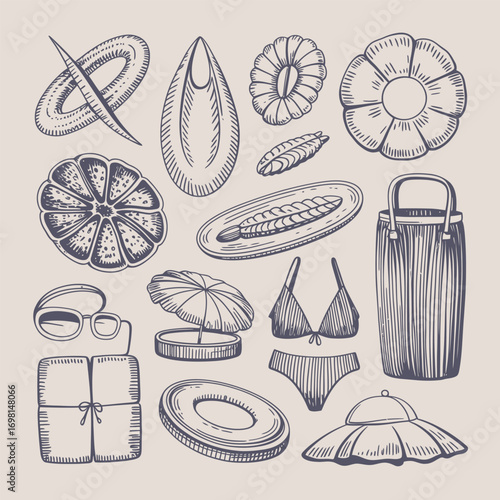Vintage sketch of summer and beach items on a light background vacation holiday