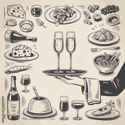 Vintage sketch of fine dining food and drinks with waiter serving champagne Keywords: food