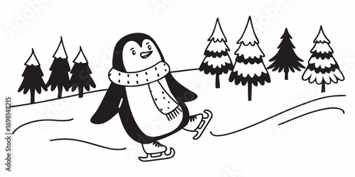 A penguin with a scarf ice skating in a winter landscape with fir trees in black and white drawing