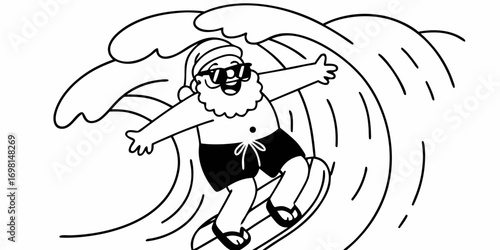 Santa claus surfing on a wave wearing sunglasses and a santa hat in black and white line art style