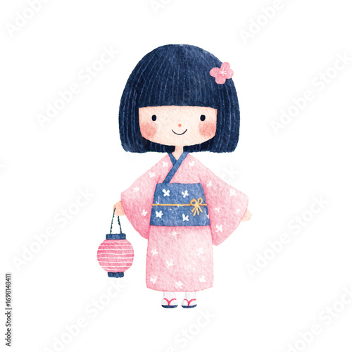 Adorable Girl in Kimono Watercolor Japanese Lantern Illustration.