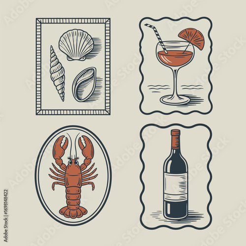 Vintage style illustrations of seashells, cocktail, lobster, and wine bottle retro