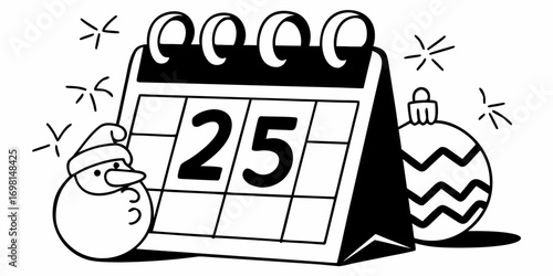 Illustration of a christmas calendar with the date december twenty fifth snowman and ornament present