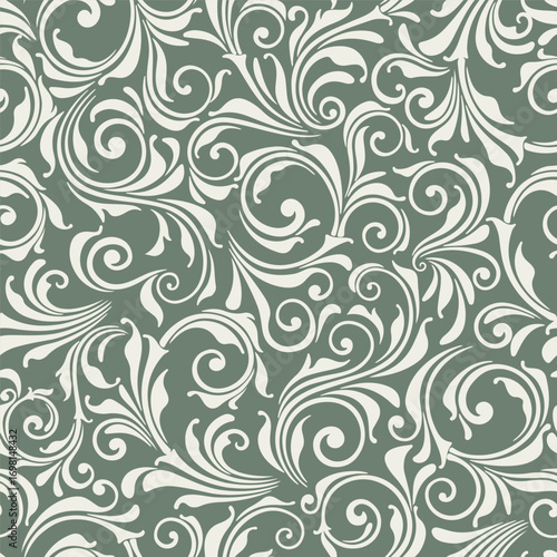 Seamless Vintage Decorative Baroque Swirl Pattern On Green Background