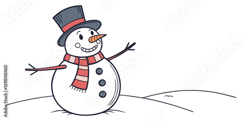 Cartoon snowman with a hat and scarf standing on a snow covered ground with a carrot nose and stick arms
