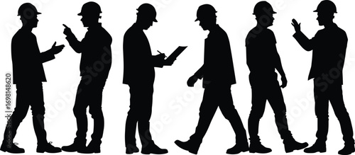 Silhouettes of construction workers in safety helmets, standing and walking poses, industrial laborers, hardhat professionals, building site teamwork, black vector figures, workmen set