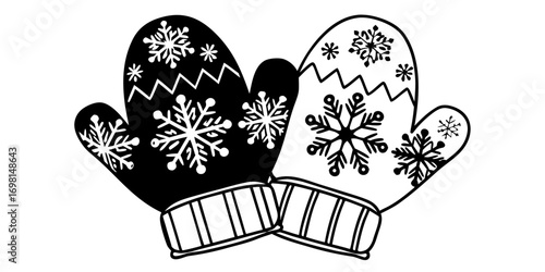 Two mittens adorned with snowflakes one black and one white interlocking at the striped cuffs design