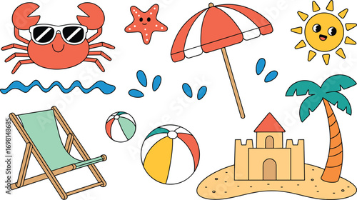 Summer beach vector set, cartoon sea elements, sandcastle and umbrella illustration, cute crab with sunglasses, tropical vacation clipart for kids design