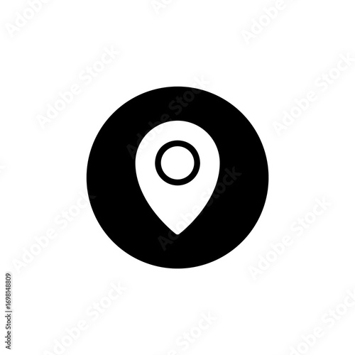 Black location pin icon on white background