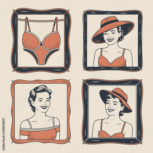 Vintage swimsuit and women portraits in frames on beige background Keywords: vintage, swimsuit