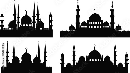 Silhouettes of mosque buildings, Islamic architecture, minarets and domes, religious landmarks, Muslim culture, mosque skyline, traditional mosque design, spiritual places, Islamic heritage,