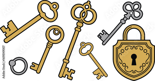 Vintage keys and old-fashioned padlock vector illustration, antique key set, security concept, metal keys collection, lock and key icons design, retro style