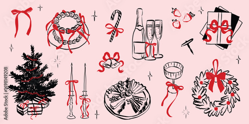 Whimsical chalk doodles of Christmas party. Quirky icons of breakfast and dinner meals in crayon style. Crayon drawing for menus and invitations. Festive charcoal vector illustration