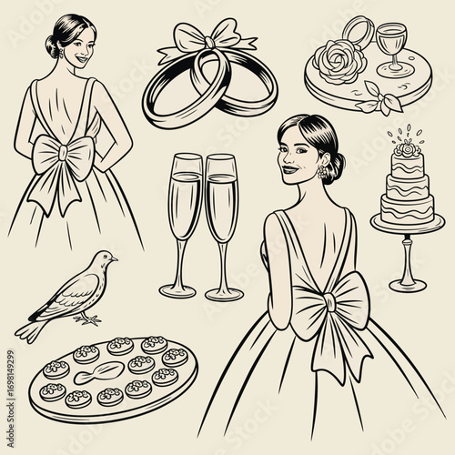 Wedding elements including brides rings champagne cake and dove