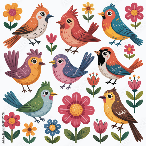 Wallpaper Mural Whimsical collection of colorful cartoon birds and flowers on white background Keywords: birds Torontodigital.ca