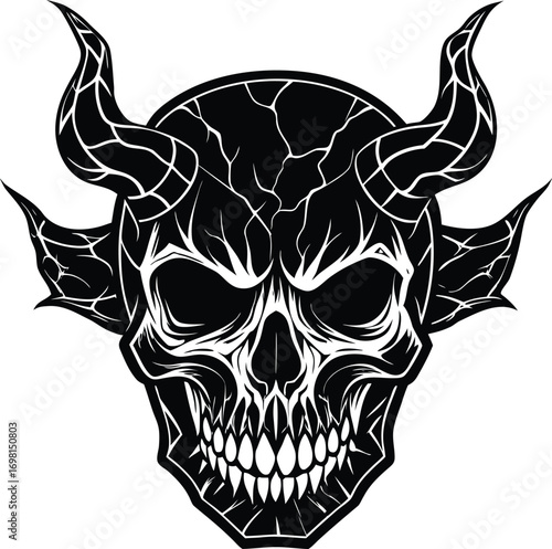 Intricate black and white illustration of a demonic skull with horns and wings