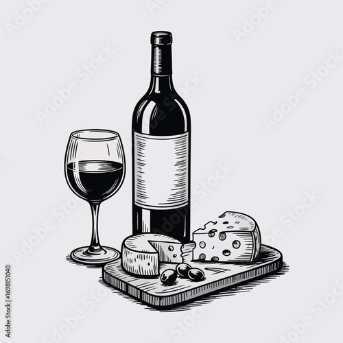 Wine Bottle Cheese and Olives Still Life Illustration glass