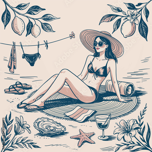 Woman in bikini and hat on a beach with summer accessories and pastel colors sunglasses