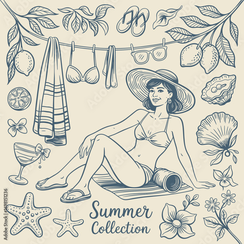 Woman in bikini and sun hat with summer collection text and beach elements towel
