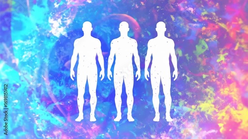 Three white silhouetted human figures against a vibrant, abstract, multicolored backdrop