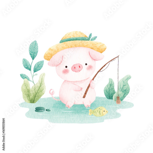 Adorable Piglet Fishing Watercolor Illustration Cute Farm Animal.