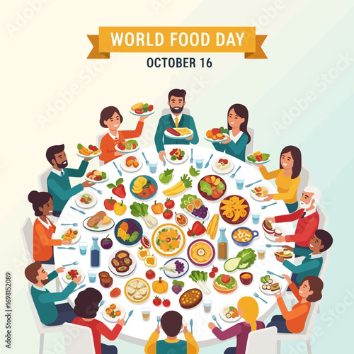 Diverse people enjoying a bountiful feast for world food day silhouette