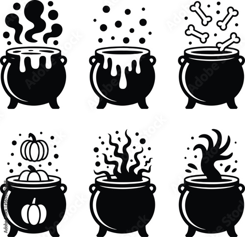 Set of six spooky halloween cauldrons with bubbling potions and spooky ingredients