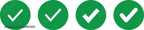 Dark green check mark tick icons in circular design, vector correct and confirmation symbols for forms, apps, and business projects
