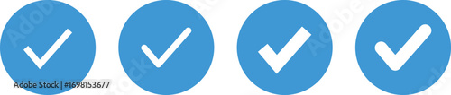 Blue check mark tick icons in circular design, vector verification and confirmation symbols for social media, apps, and websites
