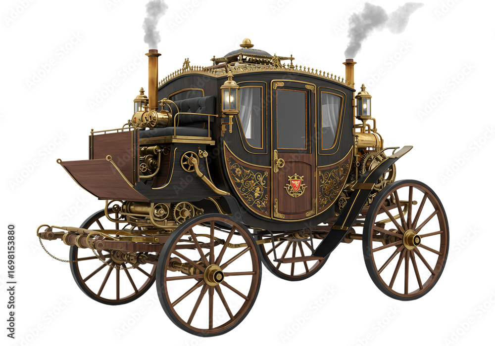 Fototapeta premium Vintage SteamPowered Carriage Ornate Design Victorian Era Transportation isolated on transparent background