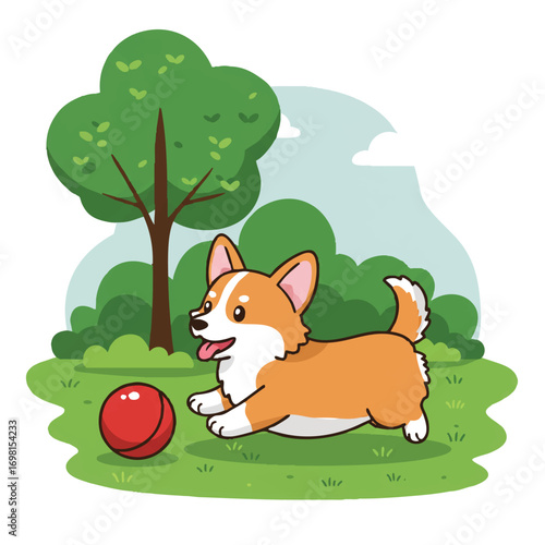A cute corgi dog joyfully chases a vibrant red ball through a lush green park, depicted in a charming 2D flat vector illustration with clean outlines and a simplified tree in the background.