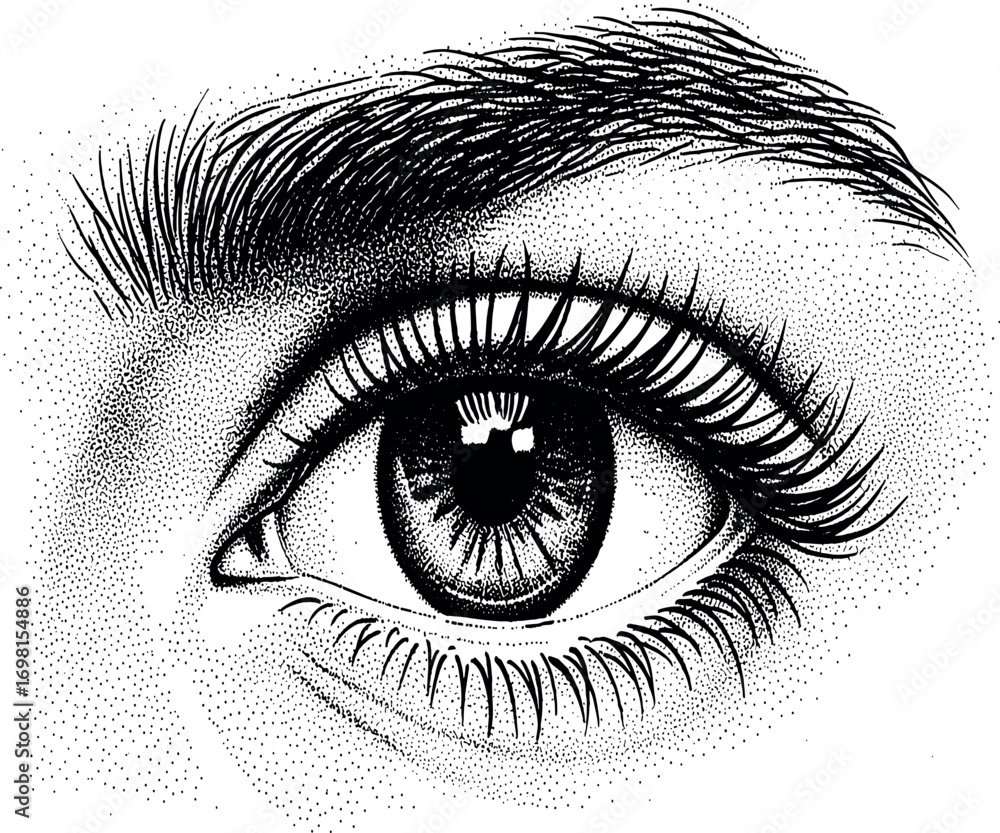 Obraz premium Monochrome stipple drawing of a realistic human eye looking forward, symbolizing sight, awareness, and intricate beauty