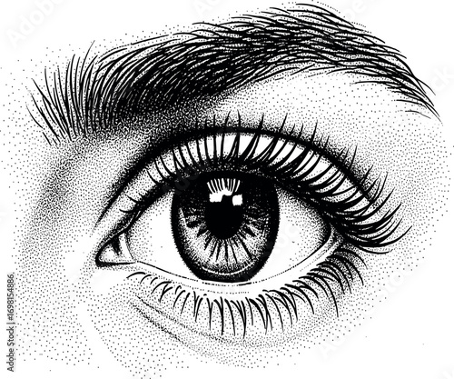 Monochrome stipple drawing of a realistic human eye looking forward, symbolizing sight, awareness, and intricate beauty