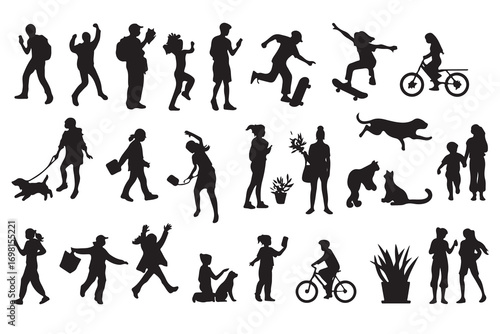 Diverse Silhouettes of People Animals and Plants in Black and White