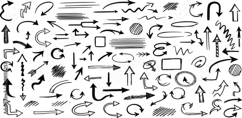 A comprehensive collection of hand-drawn doodle arrows in various styles. Black sketchy pointers, curves, and direction signs for design