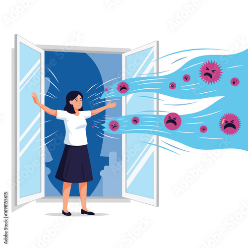 Woman standing in an open window allowing fresh air to enter and pushing away dangerous germs or virus particles from her home environment