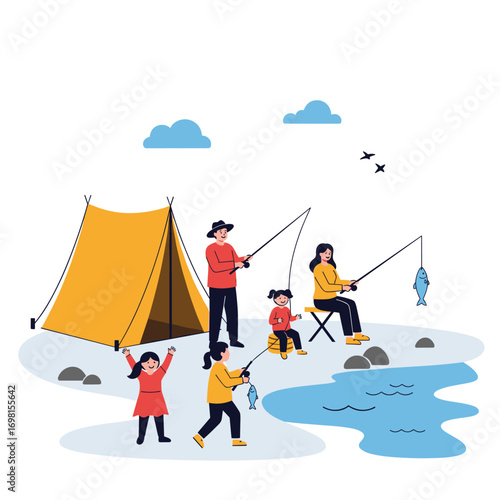 A happy family enjoys a wonderful day of fishing together in the great outdoors