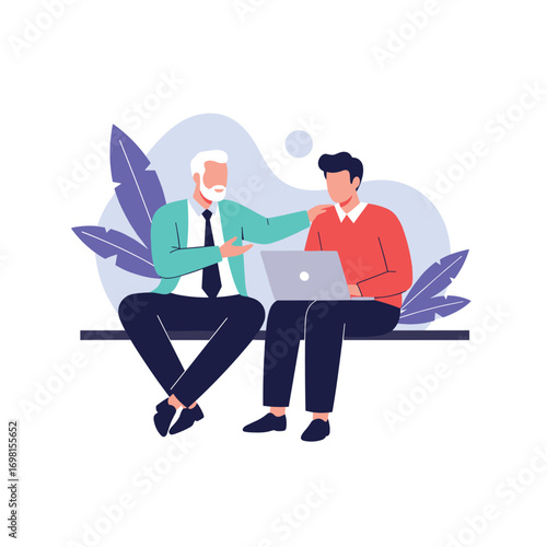 Mentorship guidance and knowledge transfer between experienced professional and younger colleague sitting together discussing a project on a laptop