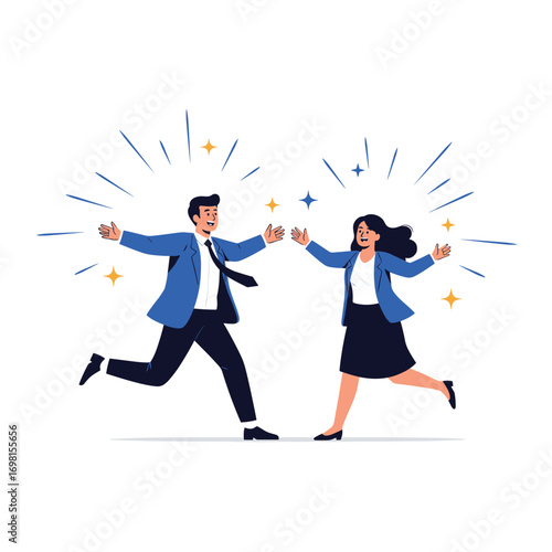 Two happy people celebrating success joyfully with arms open wide
