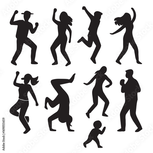 Diverse people dancing and celebrating in silhouette