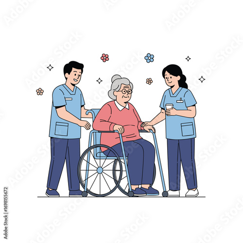 Compassionate caregivers assisting elderly woman in wheelchair with gentle support and kindness