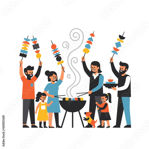 Enjoying delicious outdoor barbecue party with family and friends and little dog
