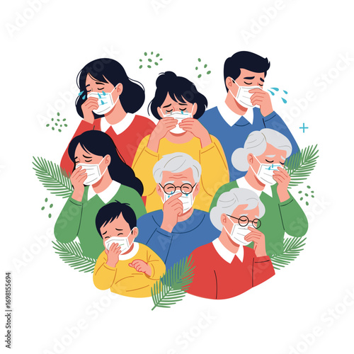 A diverse family group experiencing seasonal allergies symptoms and discomfort together during springtime bloom season outdoors