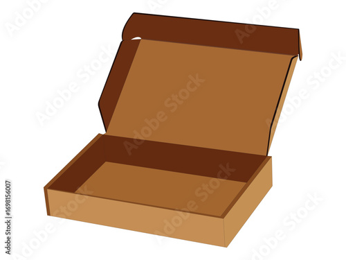 Open brown cardboard packaging box with lid isolated on white