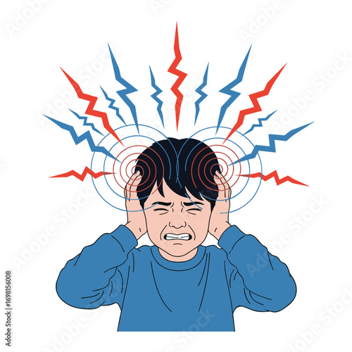 Young child experiencing intense head pain and discomfort with visual representation of neurological distress