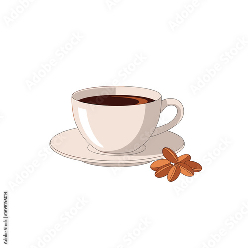 A delicious hot coffee beverage served in a white ceramic cup with saucer and coffee beans decoration on the side