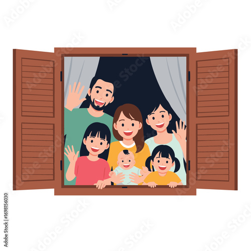 A happy family waves from a window with open shutters a joyful scene of connection and love